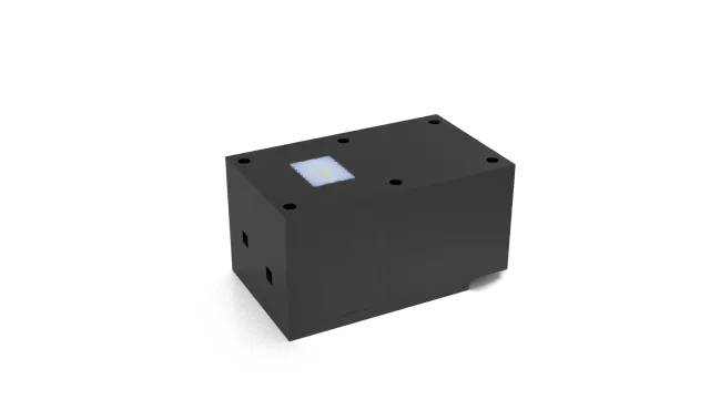 Rendered CAD model of the lead detector's dark casing with a light-colored screen panel on top