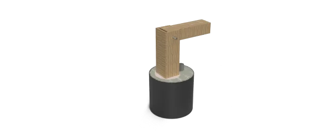 Rendered CAD model of the desk lamp: a cast-concrete cylindrical base with an L-shaped light-toned wood arm rising from it